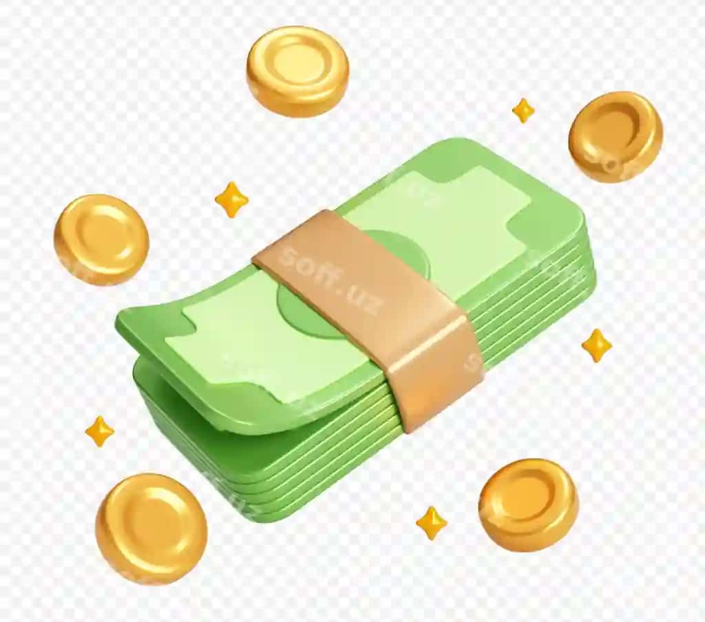 Pul to'plami tangalari bilan parqlovchi ikonasi 3d illustratsiyasi | Money stack with coins sparkles icon 3d illustration