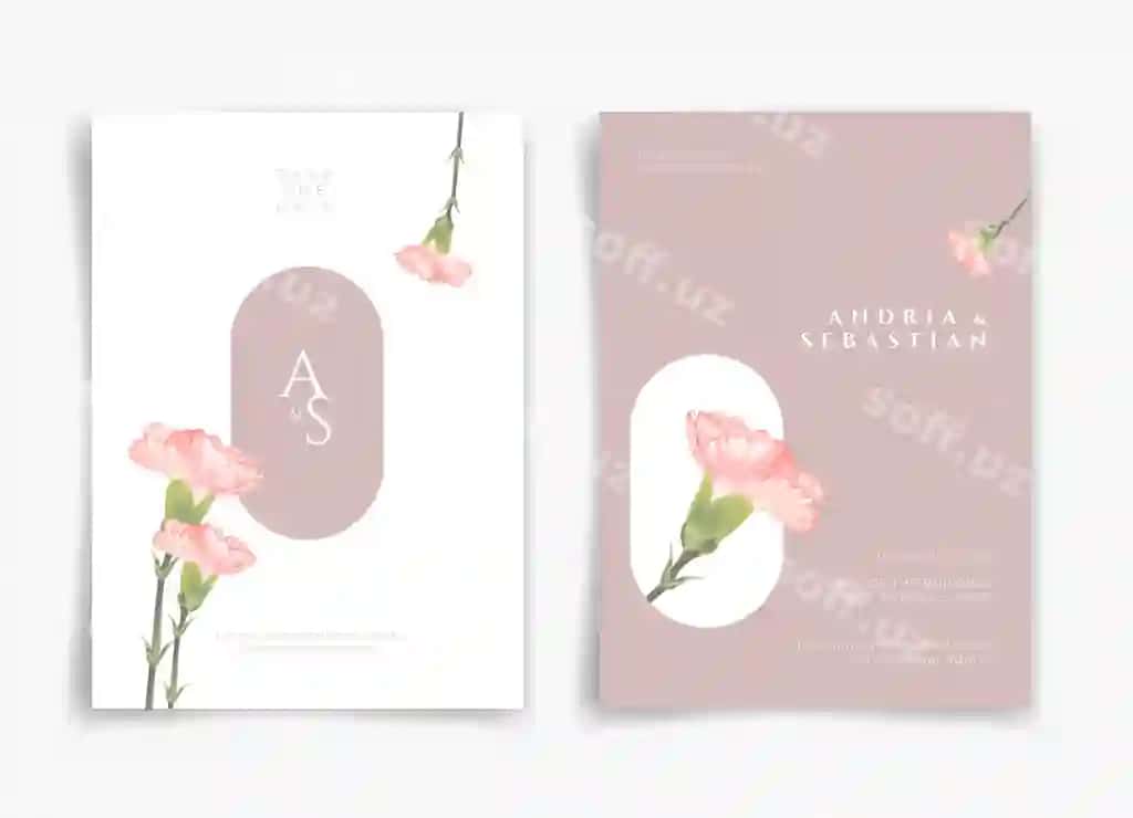 Pudra rangli turmа taklifi taklifnoma kartasi pudra rangli gul va barg temasiga ega oldi yuzi | Pink wedding card invitation card with pink flower leaf theme front