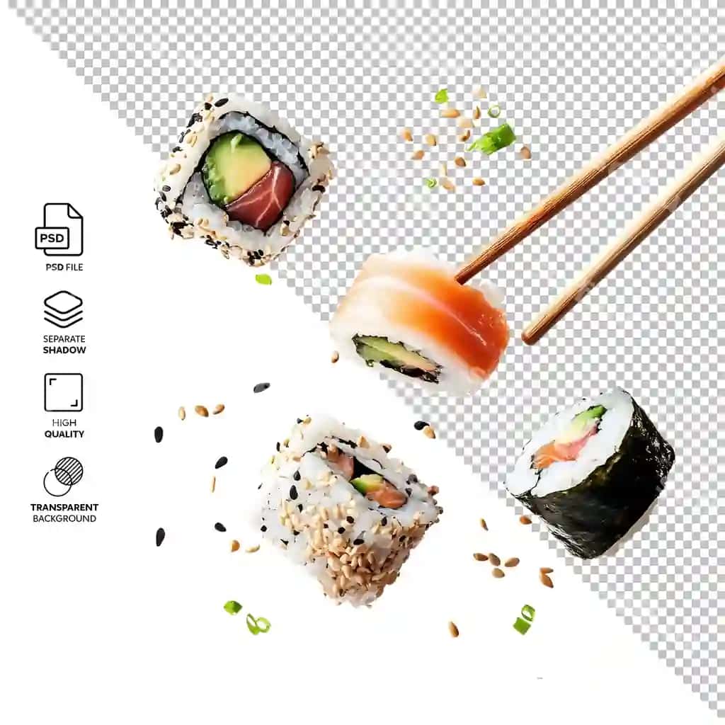 Uchishchi bo'laklar sushi orqa fonda bo'lmasdan ajraltirilgan | Flying pieces sushi isolated without background