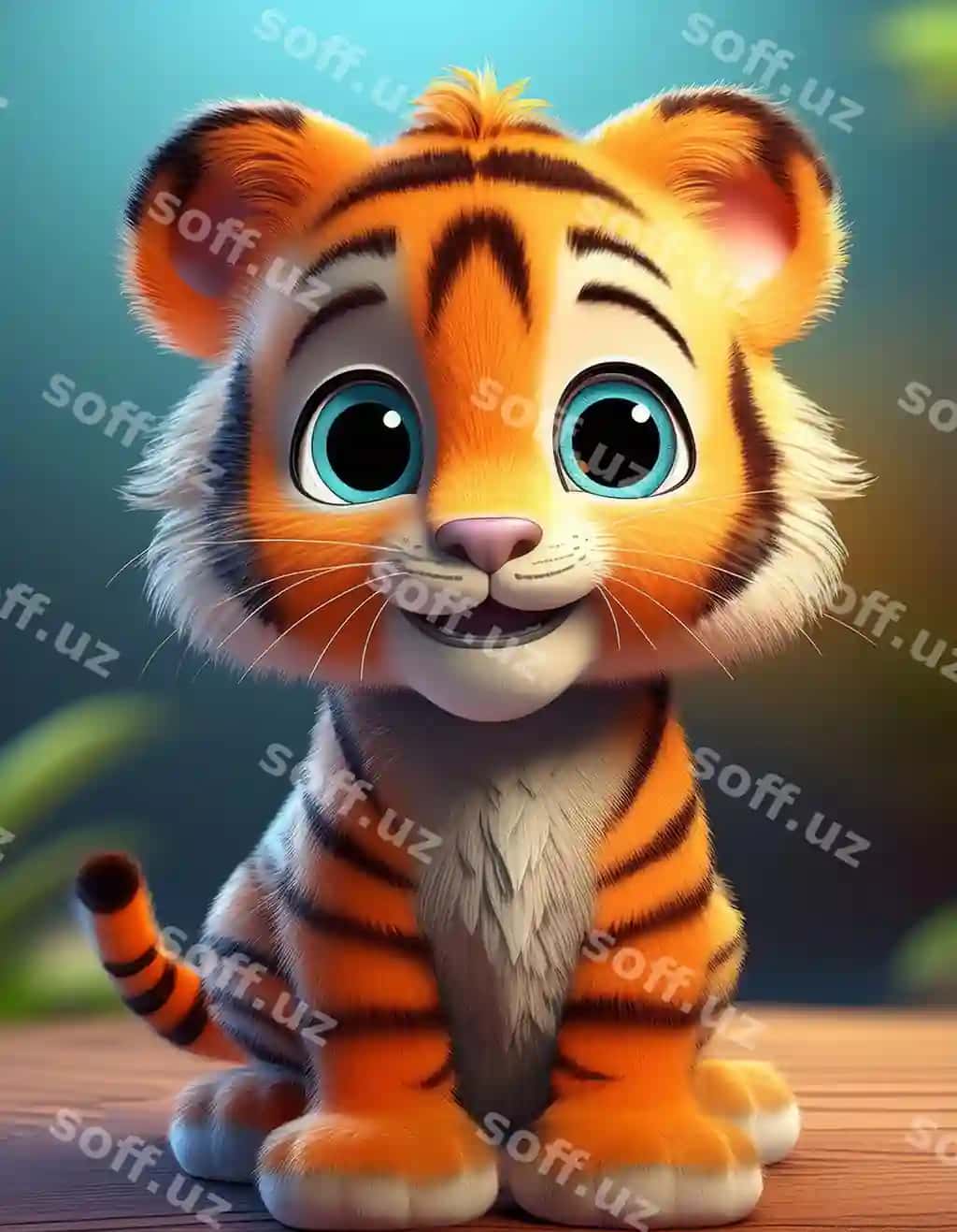 Sevimli puxata chaqaloq katta ko'k ko'zlari kameraga guladi | Cuddly tiger cub with big blue eyes smiles camera
