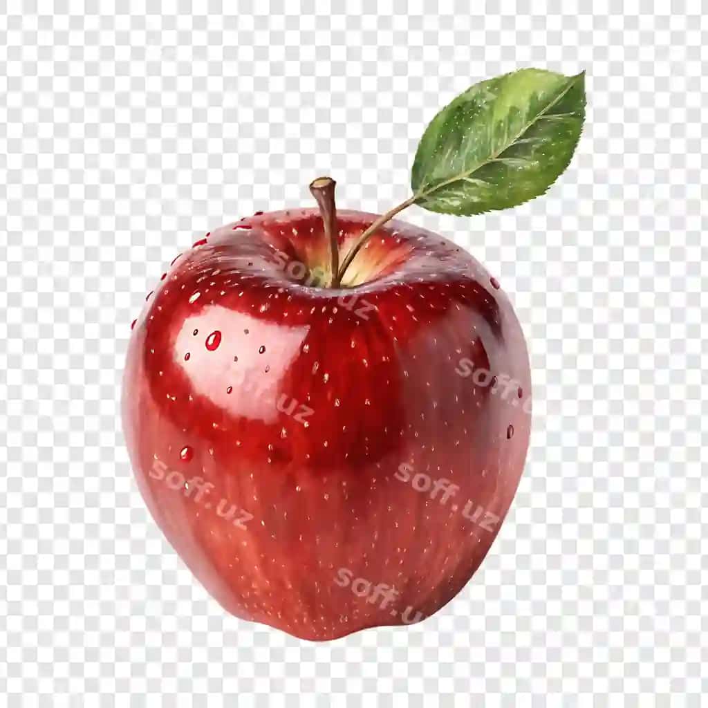 Binofat qizil olma su damaklari va varaq bilan | Vibrant red apple with water droplets leaf