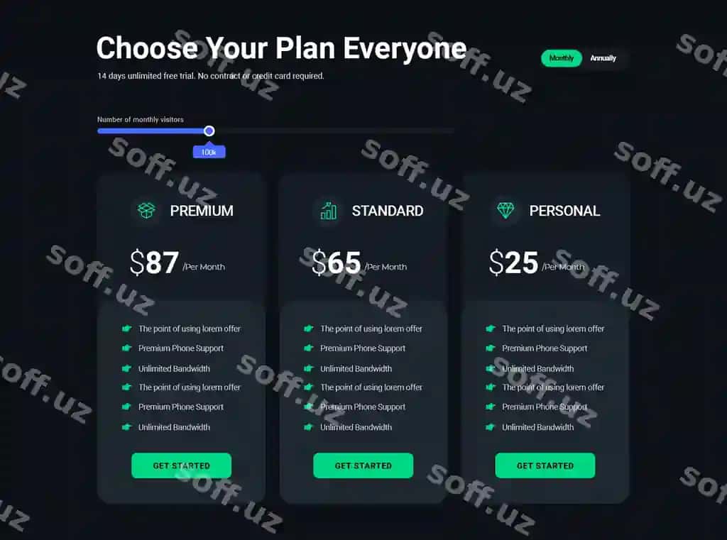 3 reja narxlar jadvali shablon dizayni qorong'iq mavzu | 3 plan pricing table template design dark theme