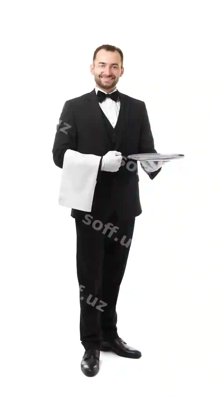 Chiroylik ofitsiant metal tarelka bilan oq orqa fonda | Handsome waiter with metal tray white background