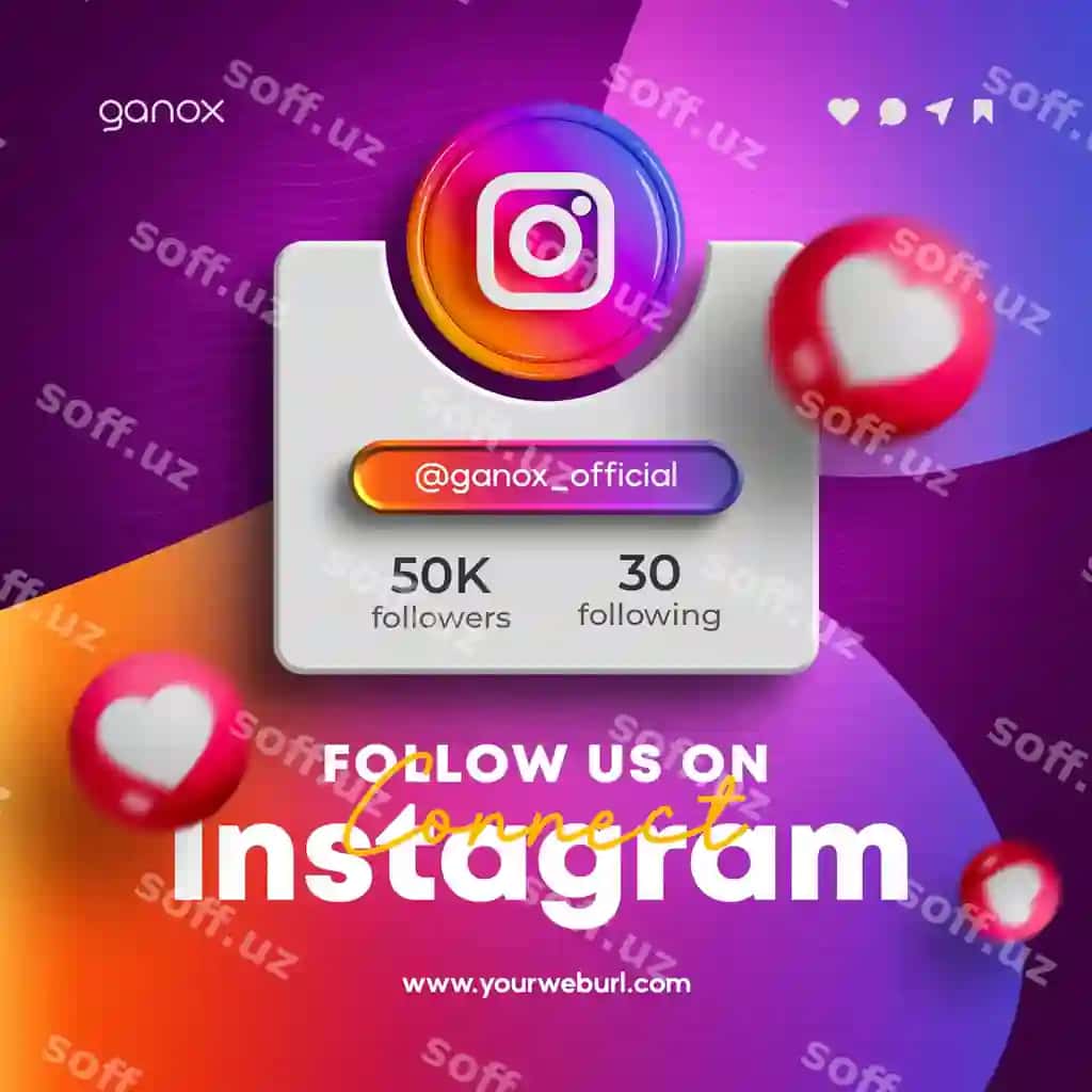 Kuzatib boring bizni Instagram Ijtimoiy tarmoqlar posti 3D render banner | Follow us instagram social media post 3d render banner