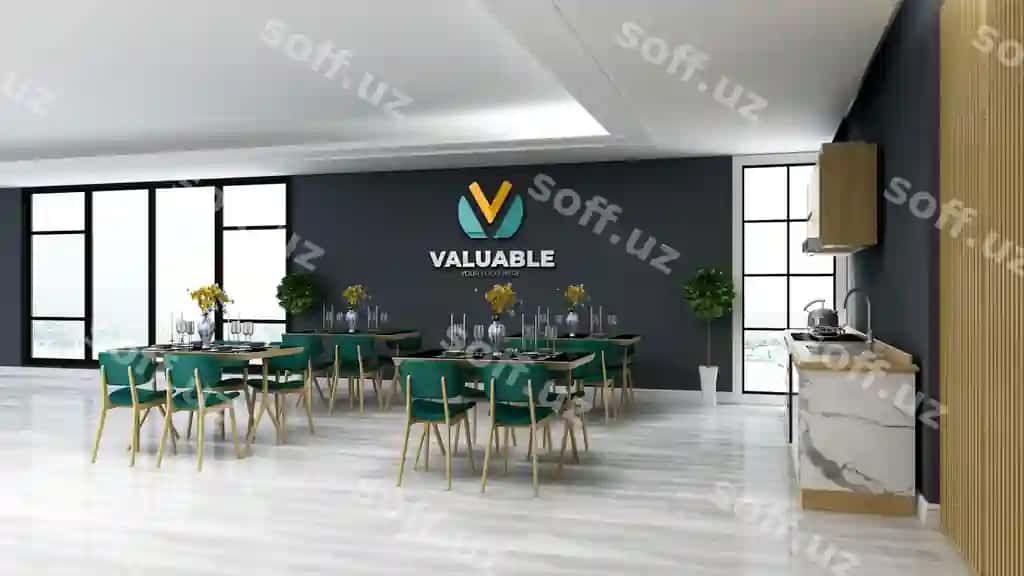 Kompaniya logotipi namunasi ofis oshxonasi devori | Company logo mockup office kitchen wall