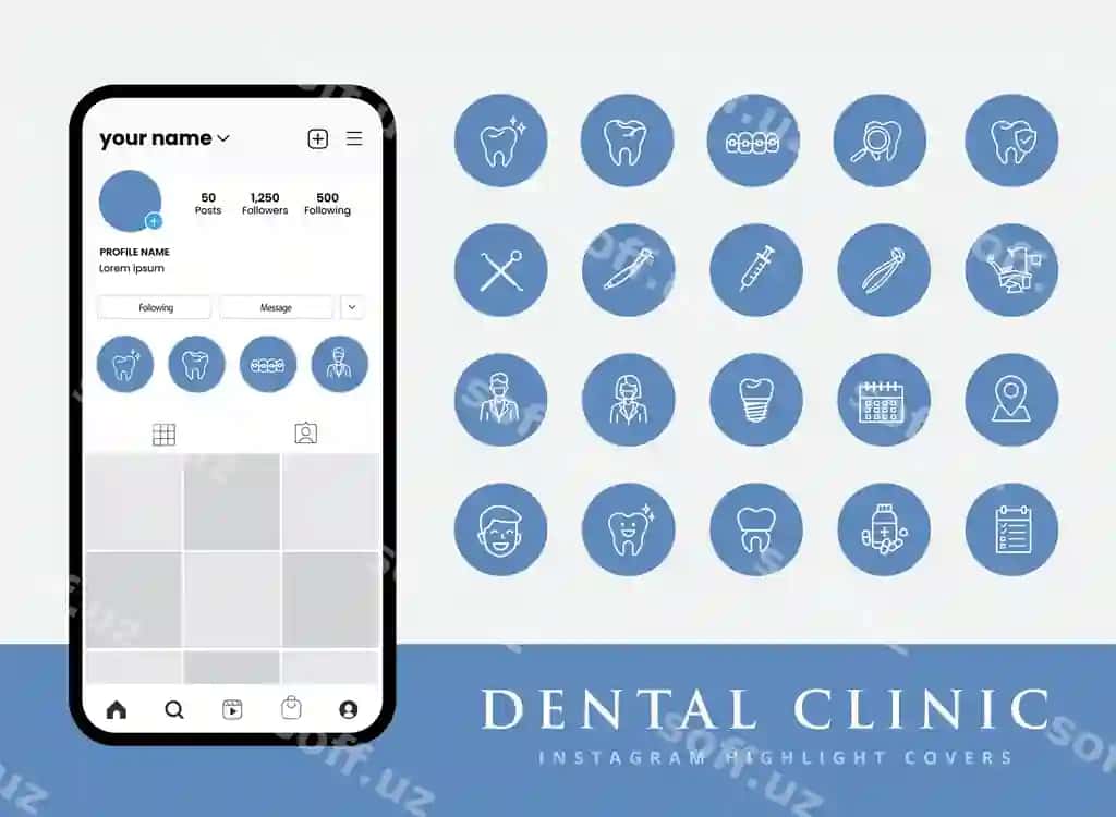 Komplekt tish klinikasi ikonkalar Instagram hikoya highlightlarining varatlari | Set dental clinic icons instagram story highlight covers