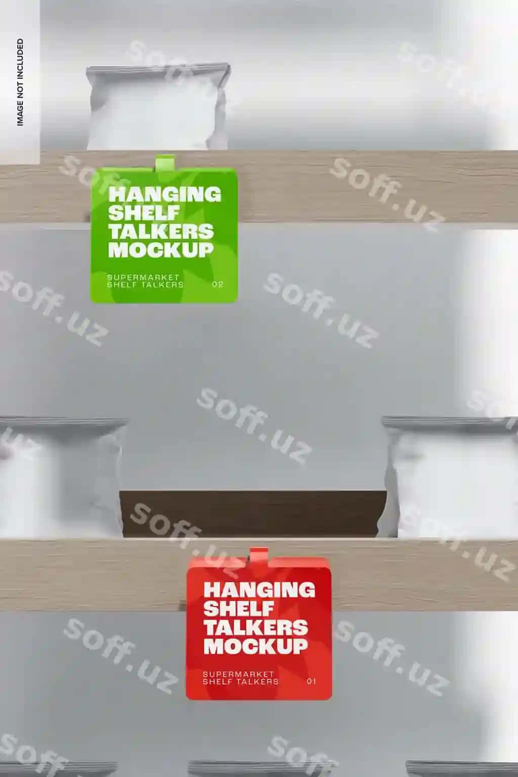 Kvadrat asrash rejimi raf so'zlovchilar namunasi old tomondan ko'rinish | Square hanging shelf talkers mockup front view