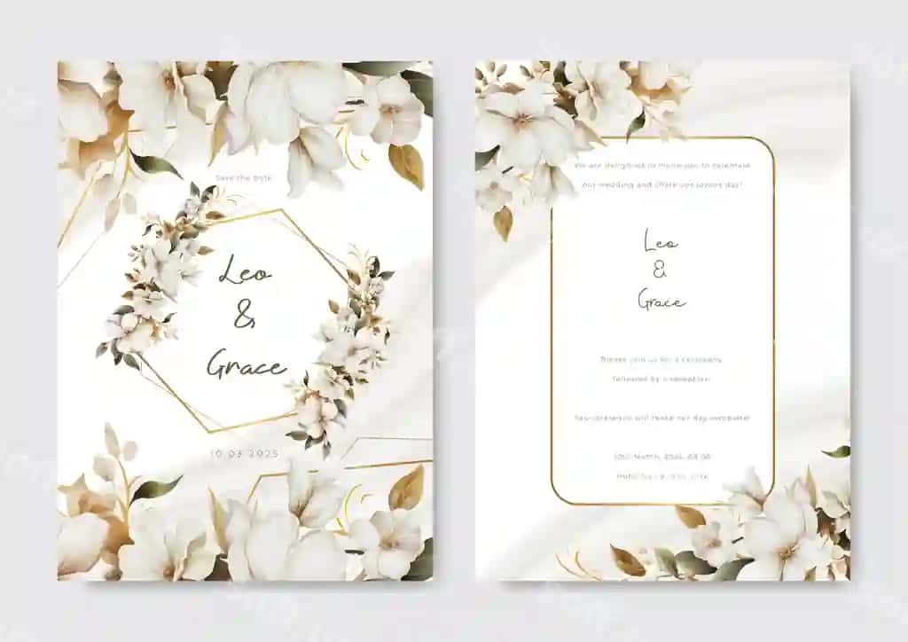 Oq gulari oltin ramkali turmali taklif shabloni kulrang akvaramellali | White roses gold frame wedding invitation template with gray watercolor