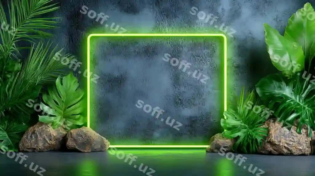 Neon ramka quvqatli yashil tropik joylashuv | Neon frame vibrant green tropical setting