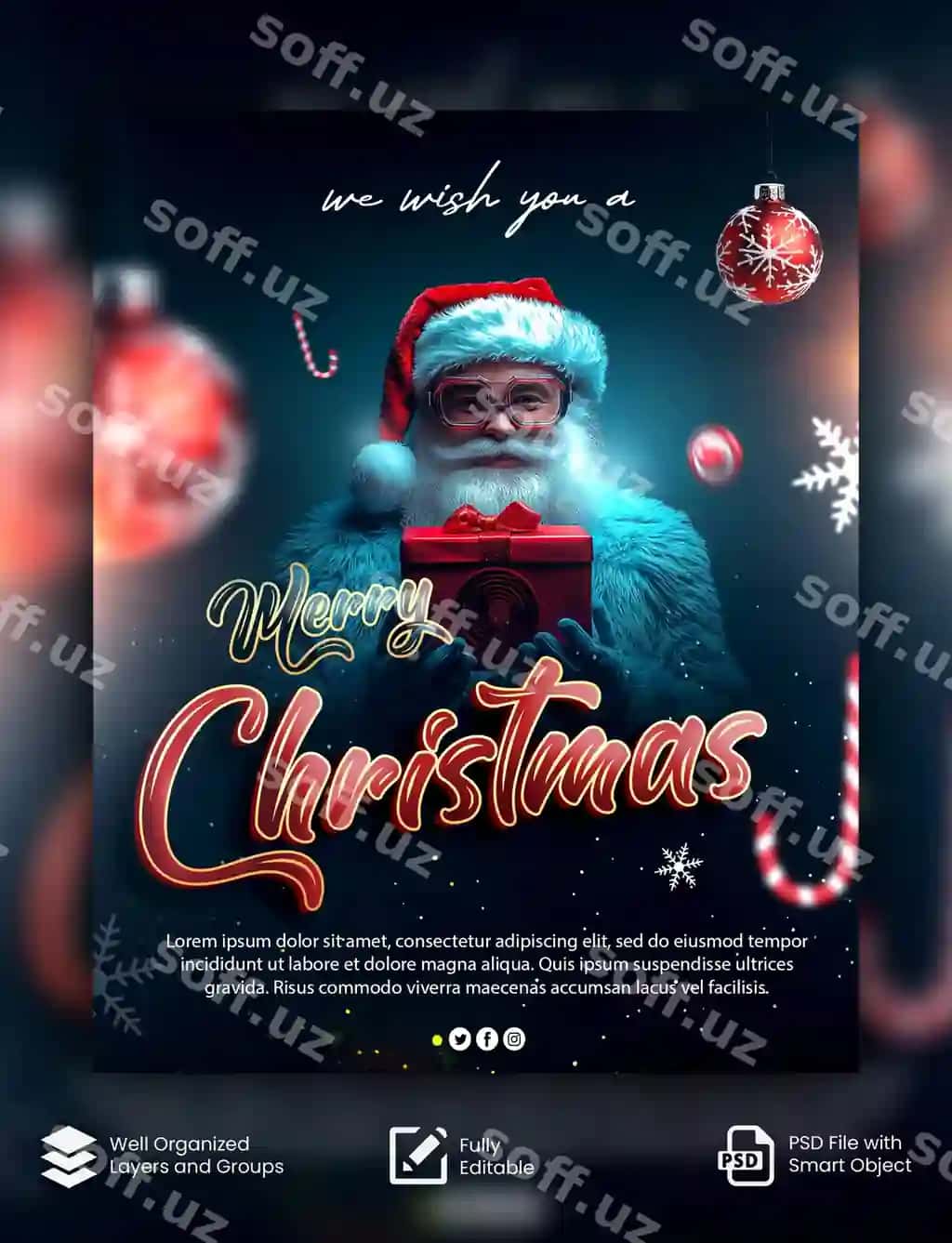 Psd Baxromingiz bilan bayram plakati shabloni Baxrom tabrigi | Psd merry christmas celebration poster template christmas greeting