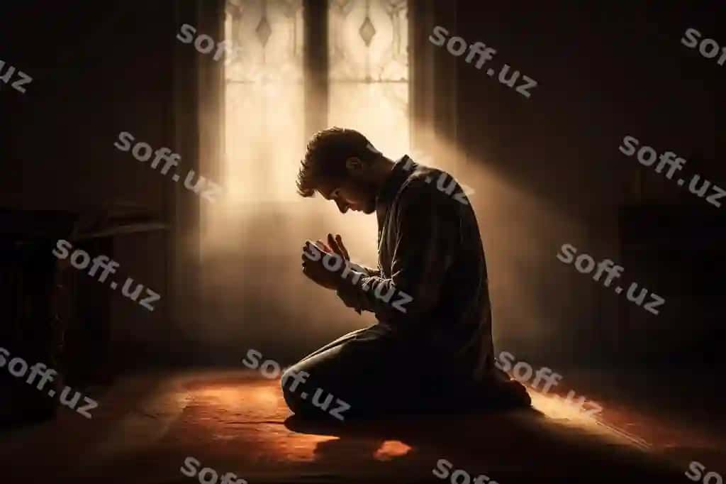 Vijdonli muruqiyat chuqur kasbiy fotosurat erkak qo'lga tushgan namoz zamonaviy | Faithful contemplation profound professional photo capturing man kneeling prayer modern