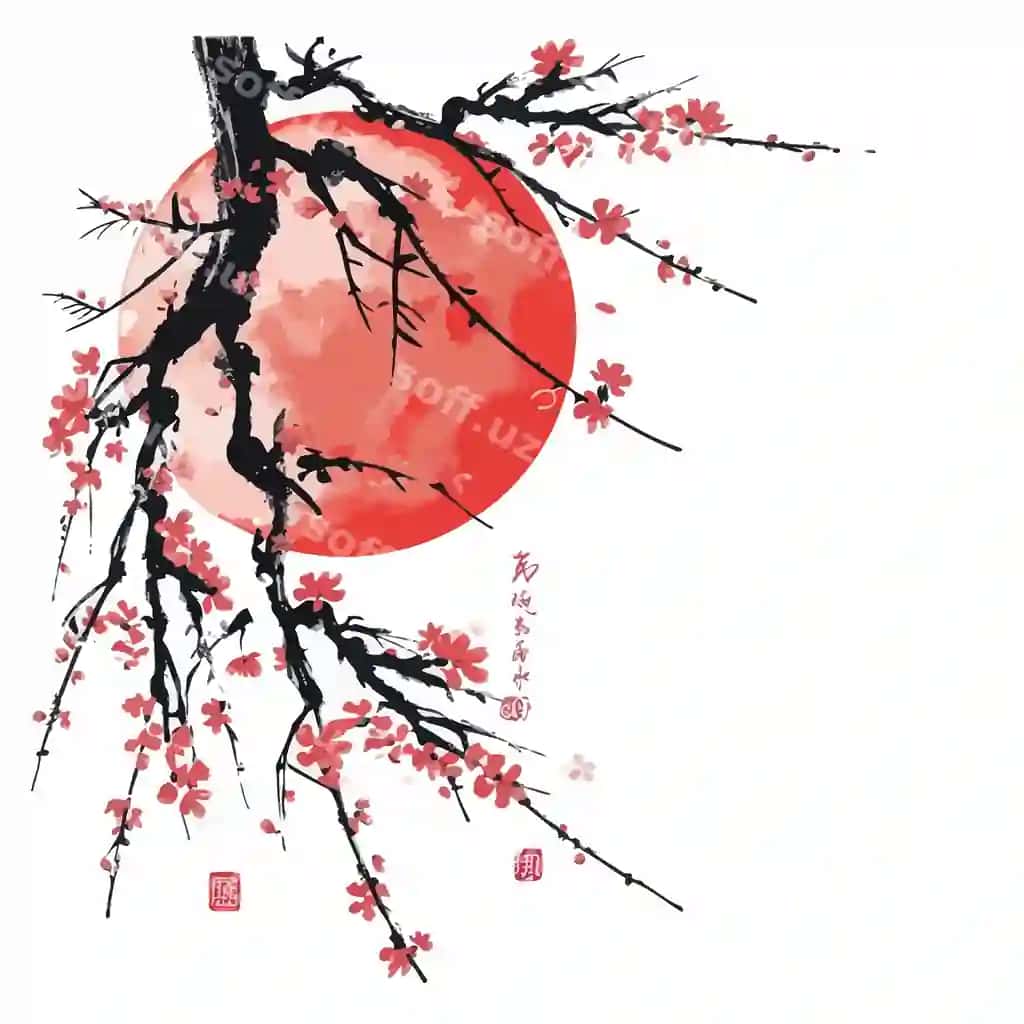 Sakura daraxti tasvirlangan qizil oy (Osiyo) | Red moon with sakura tree asia