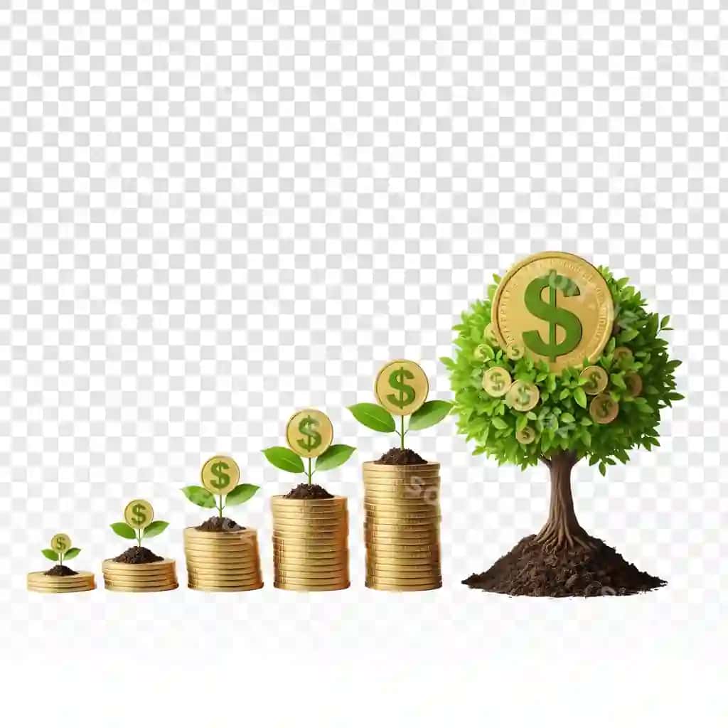 Moliyaviy o'sish tushunchasi pul daraxti stollari va oltin tangalari | Financial growth concept with money tree stacks gold coins
