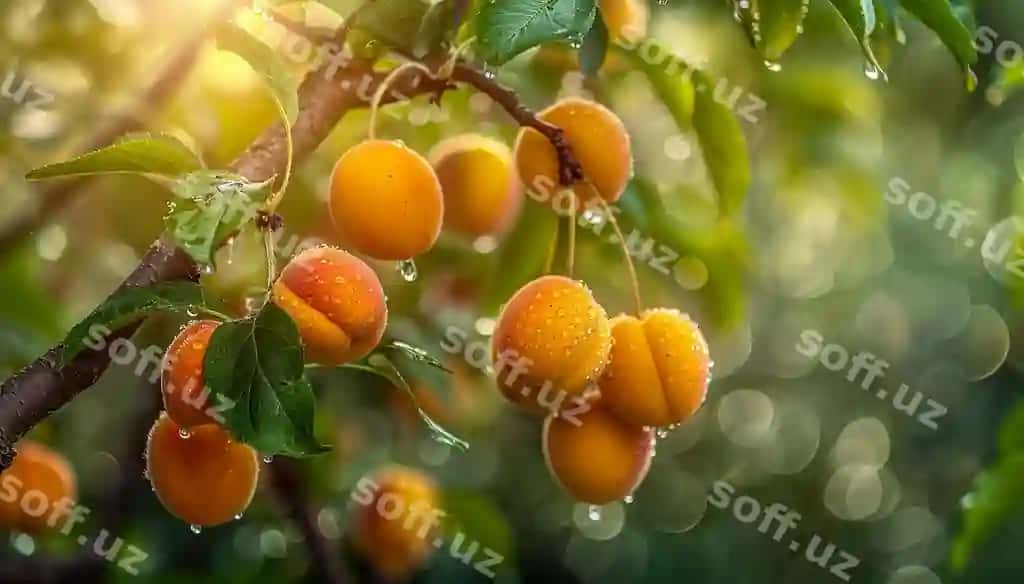 Suv damchilari bor mevalar guruhiga ega daraxt | Tree with bunch fruits that has water drops it