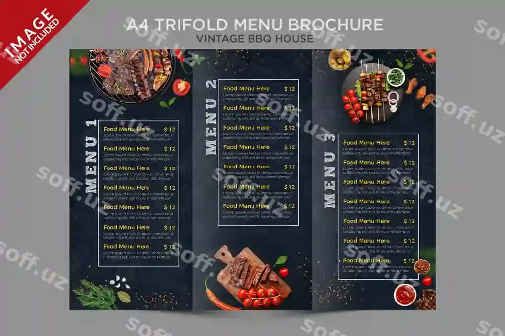 A4 vintj bbq uy trifold menyu broshyura seriyasi | A4 vintage bbq house trifold menu brochure series