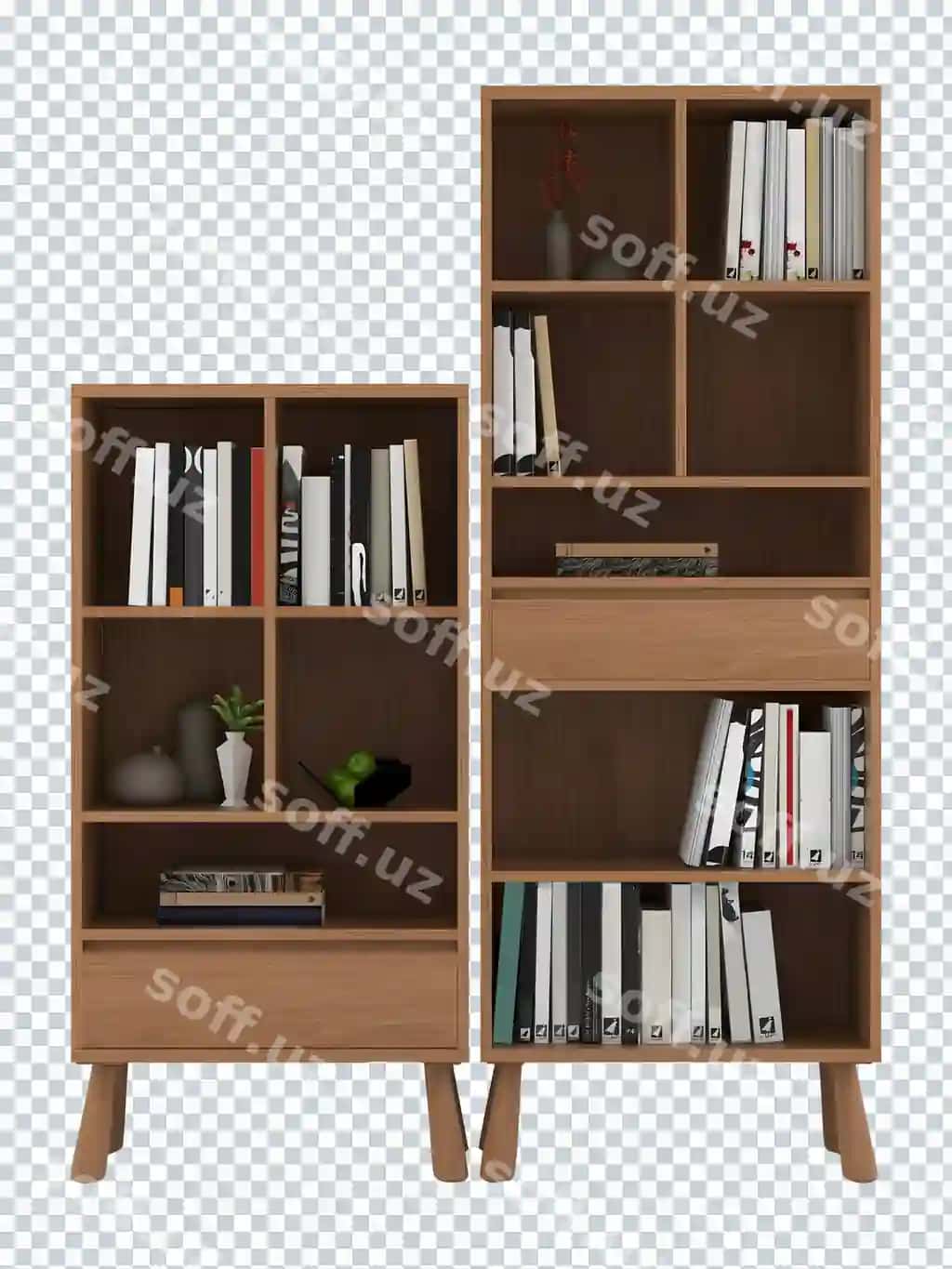 Ikki yog'ochli kitob javonlari namunasi ajralangan shaffof | 2 wooden bookshelves mockup isolated transparent