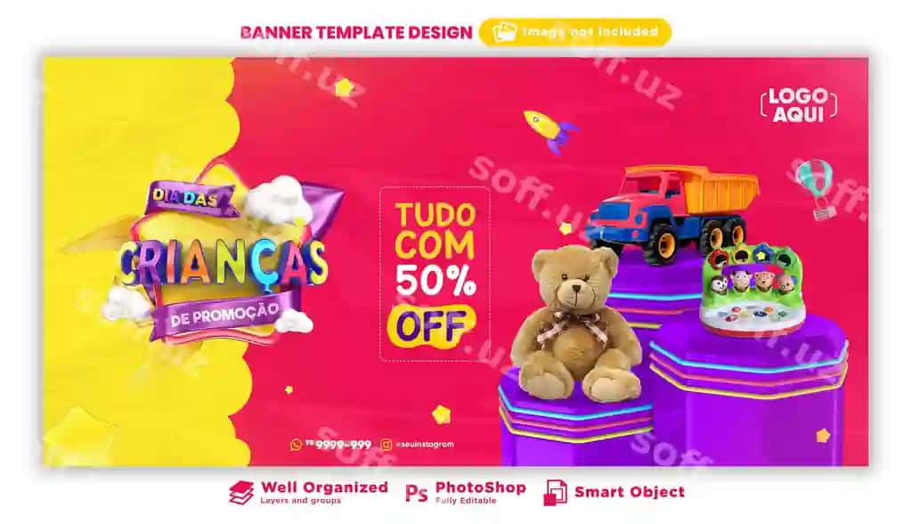 Bolalar kuni banneri 3D render marketing kampeniyasi Braziliya portugali | Children s day banner 3d render marketing campaign brazil portuguese