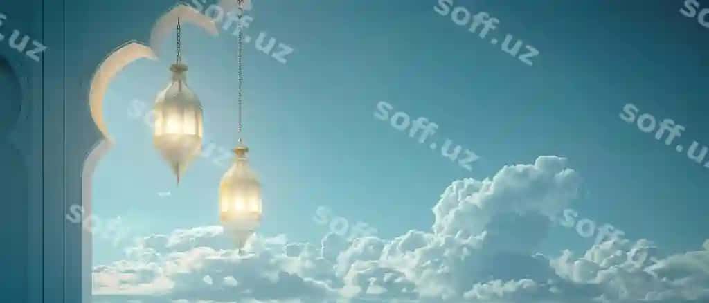 Kichik masjid asmana lampa bilan jannat orqa fonda generative ai | Picture mini mosque with hanging latern heavenly background generative ai