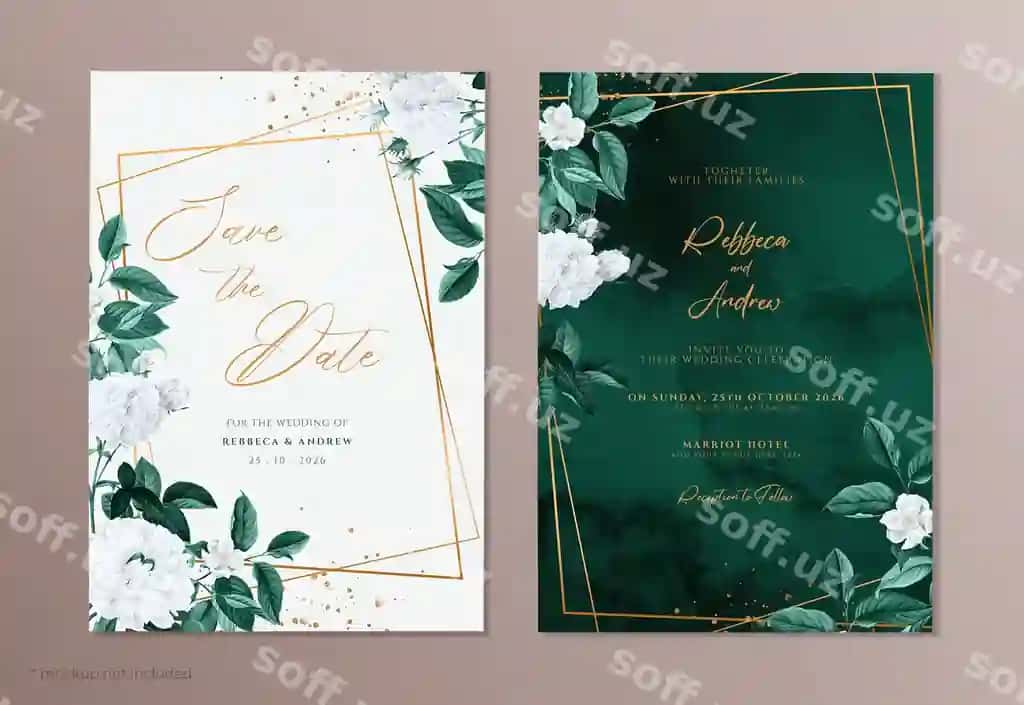Chiroyli turmali taklifnoma shabloni oq gulli yashil barglar bilan | Elegant wedding invitation template with white floral green leaves