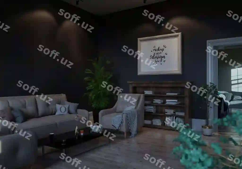 Poster ramkasi mehmonxona PSD mockup | Poster frame living room psd mockup