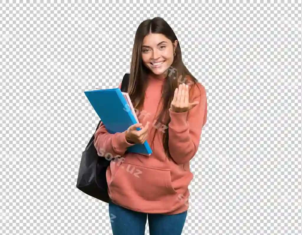 Yosh talaba ayol daftarlarini tutmoqda, baxtli qo'l harakati bilan kelishni taklif qilmoqda. | Young student woman holding notebooks inviting come with hand happy