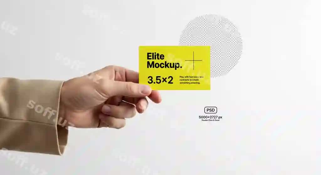 Minimalistik biznes karta namunasi qo'llar orqali tutilgan bej kiyim oq | Minimalist business card mockup held by hands beige outfit white