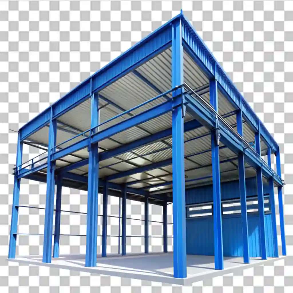 Moviy nurli metall bino shaffof fonni qo'llab-quvvatlaydi | Metal building with blue beams supports transparent background