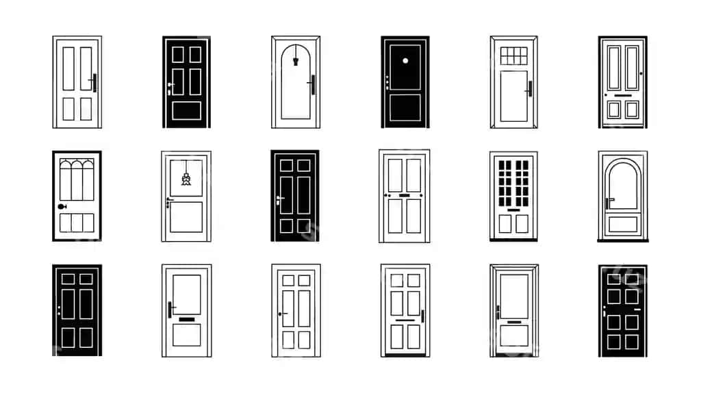 Yigirmabir qora-oq eshik ikonkalari turli uslublarda oq fon | Twentyone black white door icons with various styles white background