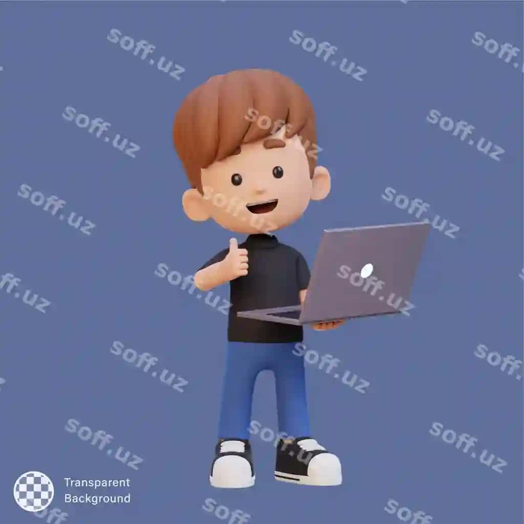 3d chiroyli yosh qahramon noutbukni tutgan holda boshini ko‘taradi | 3d cute kid character give thumb up while holding laptop