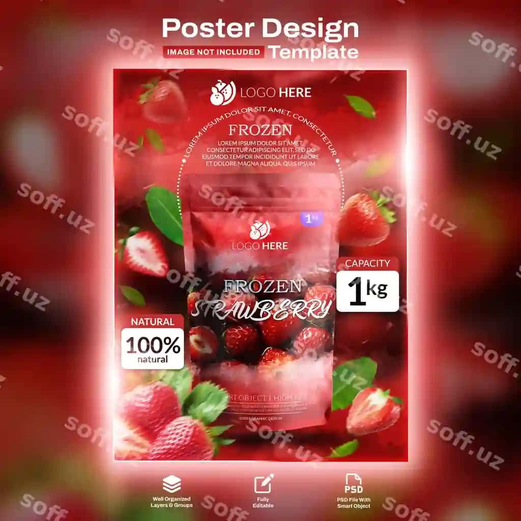 Muzlangan qurdiu muzqaymoq plyakard shablon reklamasi | Frozen strawberry ice cream poster template advertisement