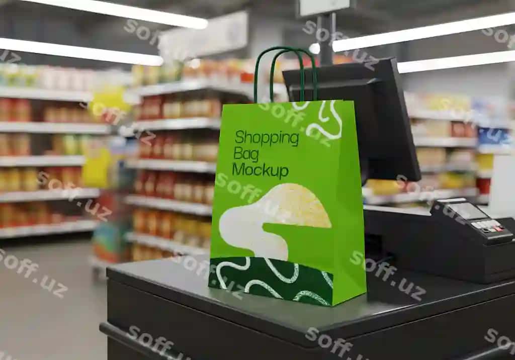 Xarid sumkasi namuna to'lov stoli bozor do'koni | Shopping bag mockup checkout counter grocery store