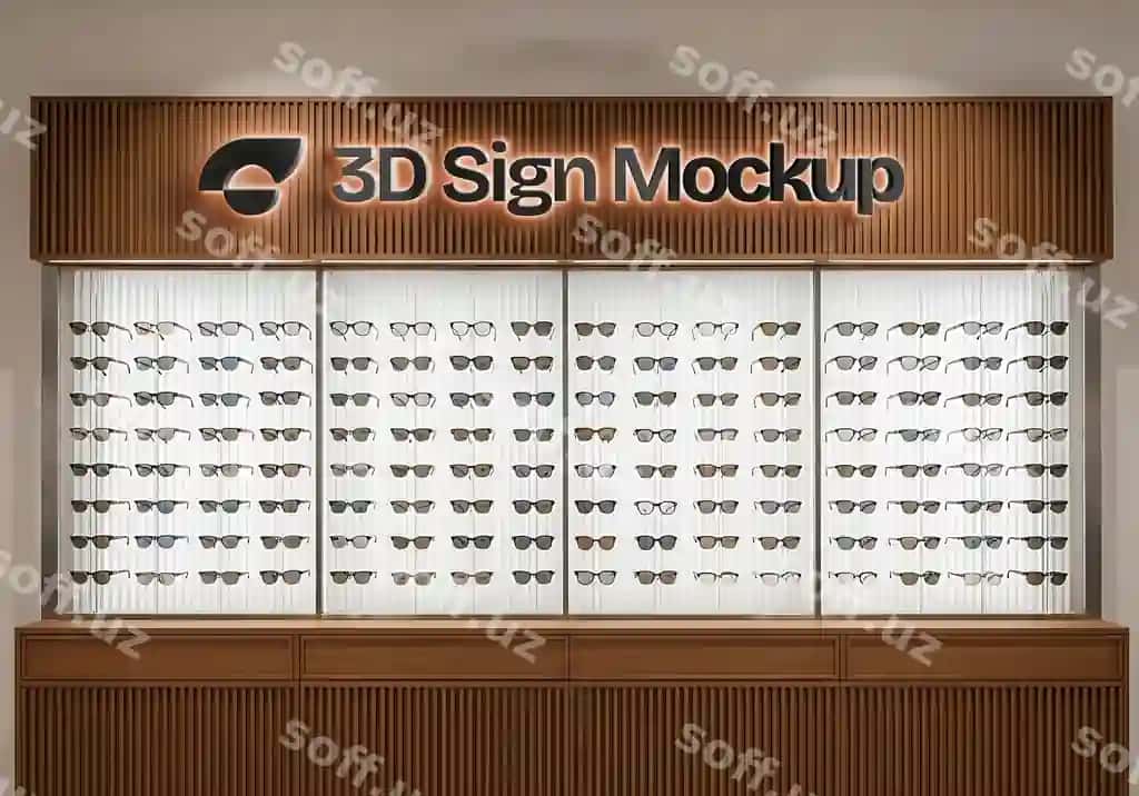 Haqiqiy 3d signa mockup ko'z qoplari do'kon ekrani | Realistic 3d sign mockup eyewear store display