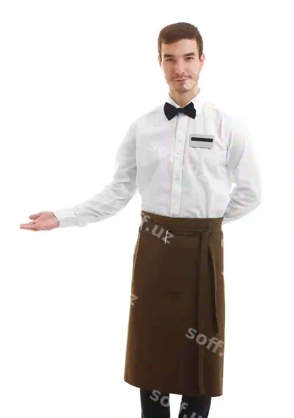 Chiroyli ofitsiant sizni xush kelibsiz oq orqa fon | Cute waiter welcoming you white background