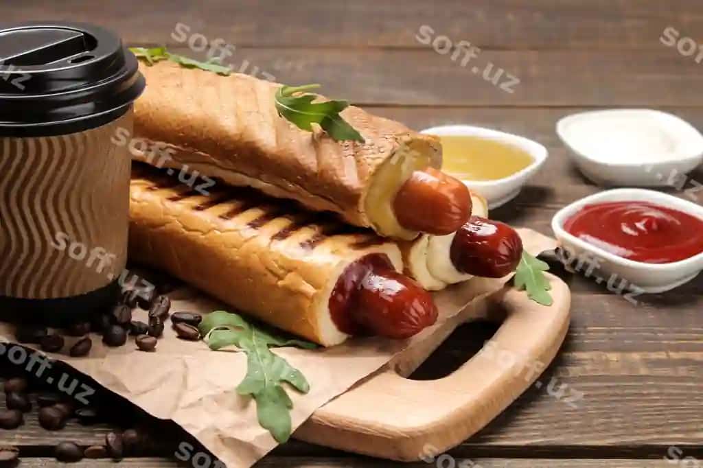 Fransuz hot-doglari, misharif hot-doglar, doska qahvo, jigarrang yog'ochli stol, tezkor ovqat, ko'cha ovqati, kolbasa nonlari | French hot dogs tasty hot dogs board coffee brown wooden table fast food street food sausages bun