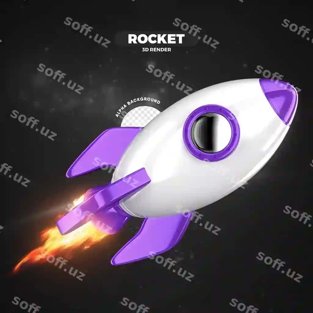 Binafsha oq faza raketa volabar 3d render ajraltirilgan | Purple white space rocket flying 3d render isolated