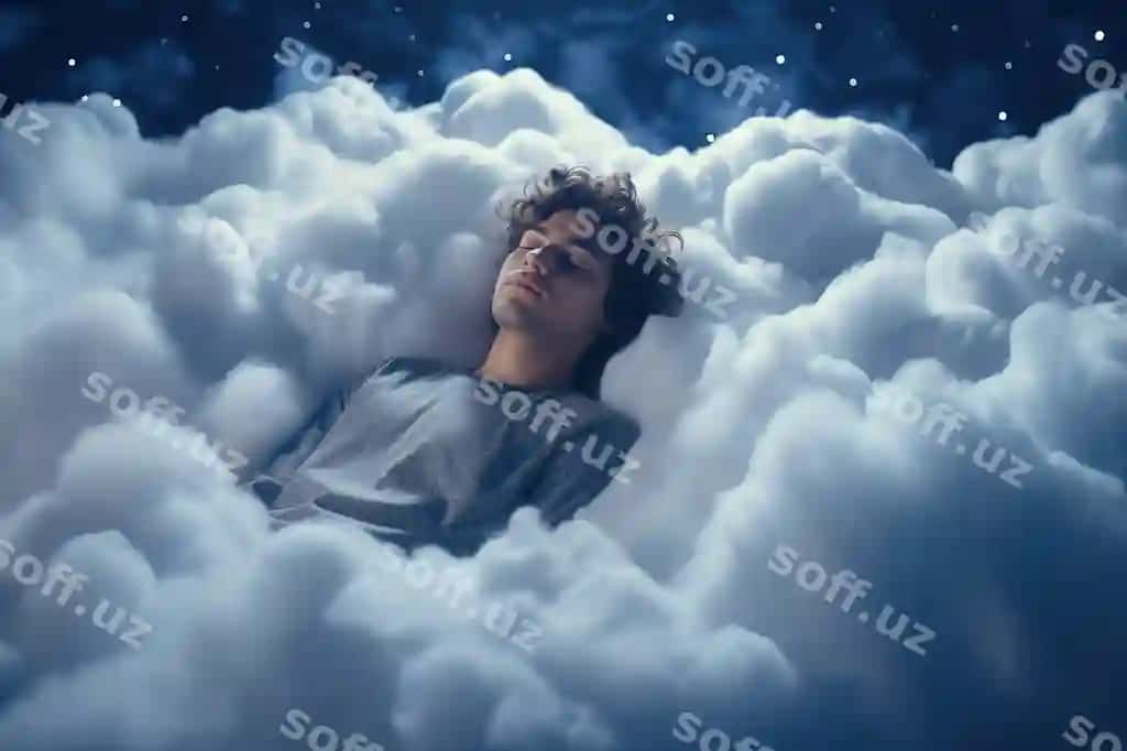 Yosh erkak uyqu pillo yumshoq bulutlar yaratgan havo arslonlari yumshoq samoviy matraxt generativ sun'iy intellekt | Young man sleeping pillow made soft clouds air dreams soft heavenly bed generative ai