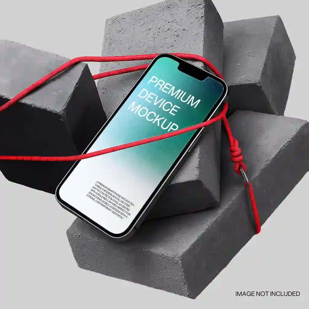 Qizil simli beton bloklari bilan smartfon maketi | Smartphone mockup with red cord concrete blocks