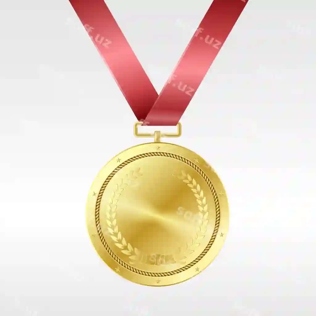 Haqiqiy o'ttiz medal qizil ruchka mukofot birinchi o'rin musobaqasi | Realistic golden medal red ribbon award first place competition