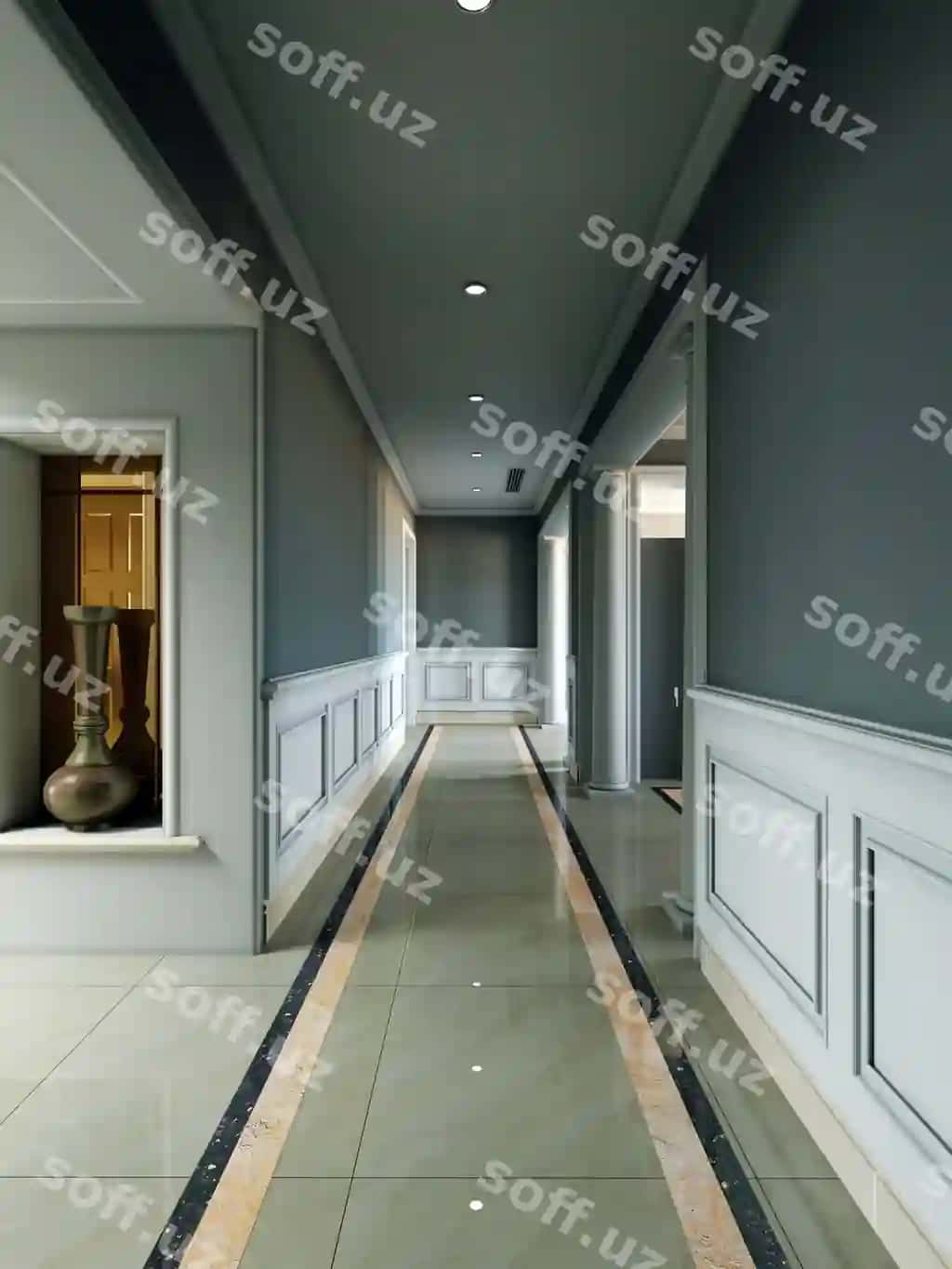 Zal koridor kulrang devorlar bilan oq yog'och paneli klassik uslubda 3d rendering | Hall corridor with gray walls white wood paneling classic style 3d rendering