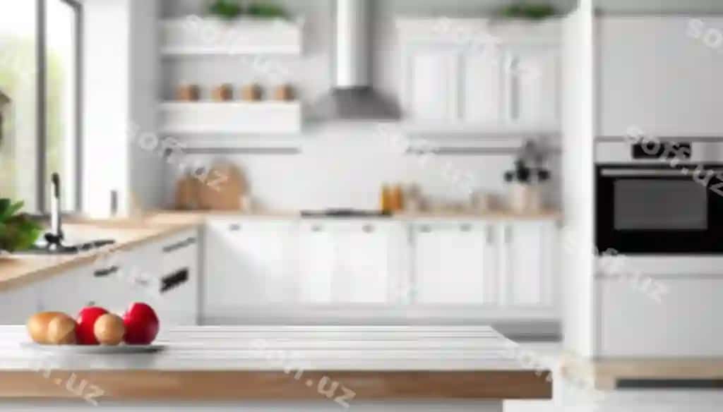 Bulanik ko'rinish zamonaviy oshxona ichida, oq ichki bilan. | Blurry view inside modern kitchen with white interior