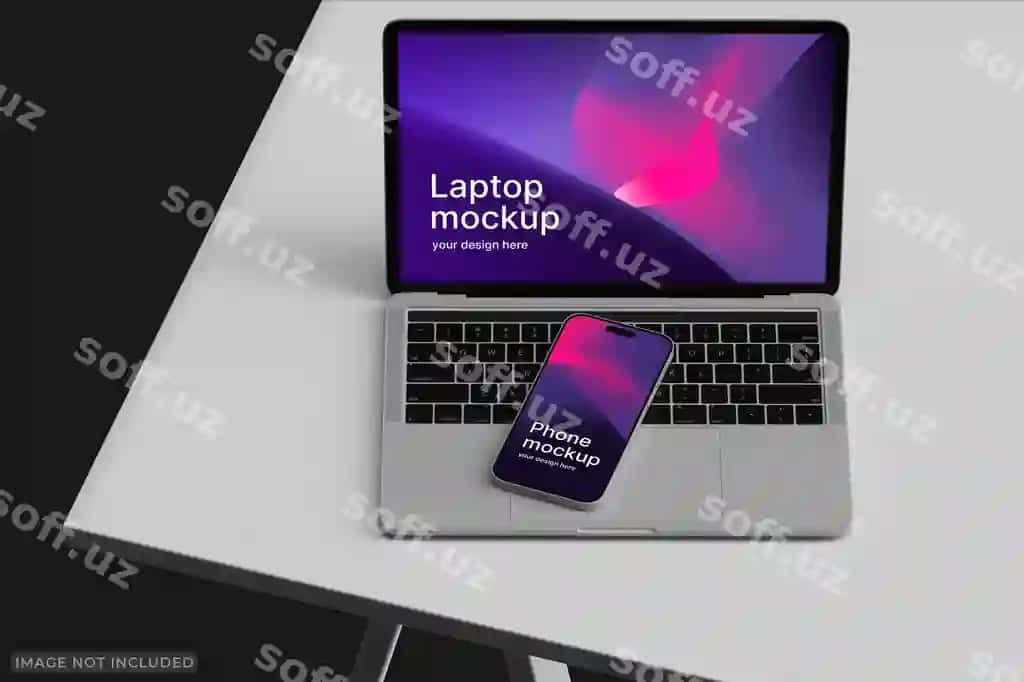 Namuna telefon noutbuk moslashuvchan ekran ofis ish stoli kontseptsiyasi | Mockup phone laptop responsive screen office work table concept