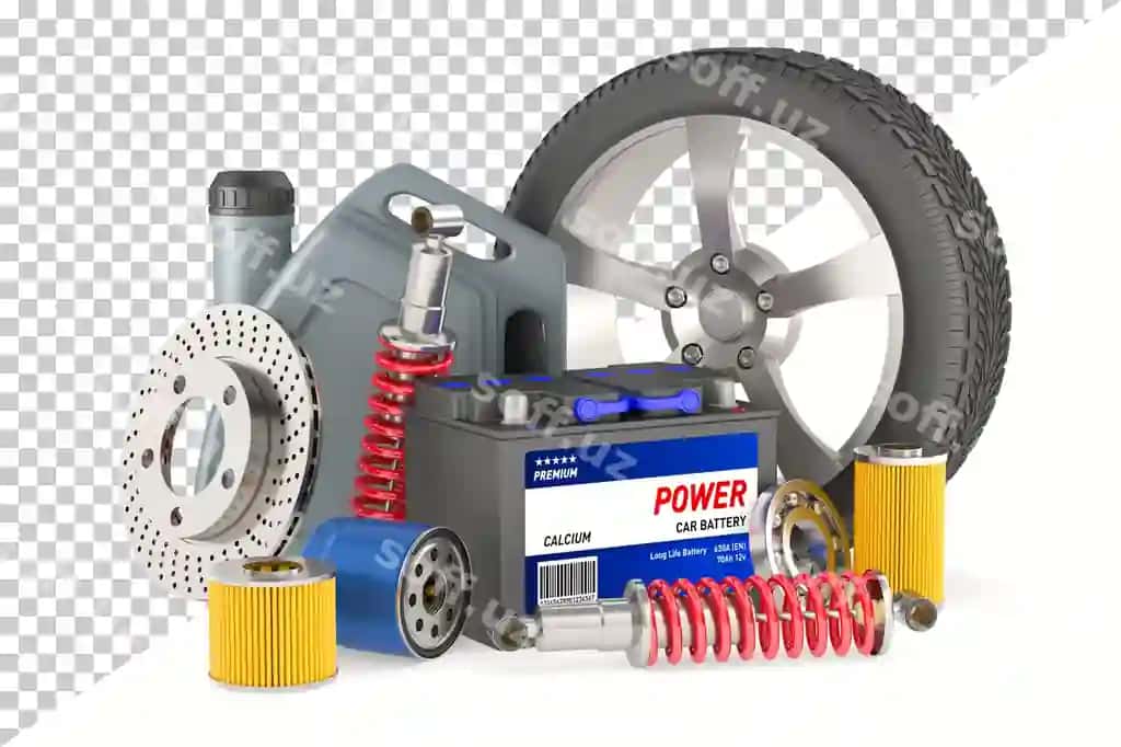 Avtomobil ehtiyot qismlari komplekti oq fonda ajraltirilgan 3D illustratsiya | Set car spares white background isolated 3d illustration