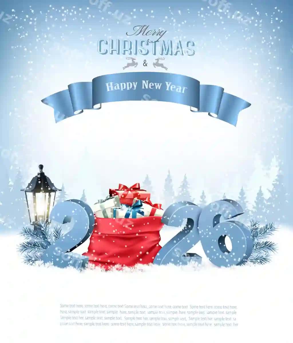 Rojdestvo bilan 2026 Yangi yil muborak bolsun ko'k 3D raqamlar qizil sumka bilan | Merry christmas happy new year 2026 blue 3d numbers with red sack