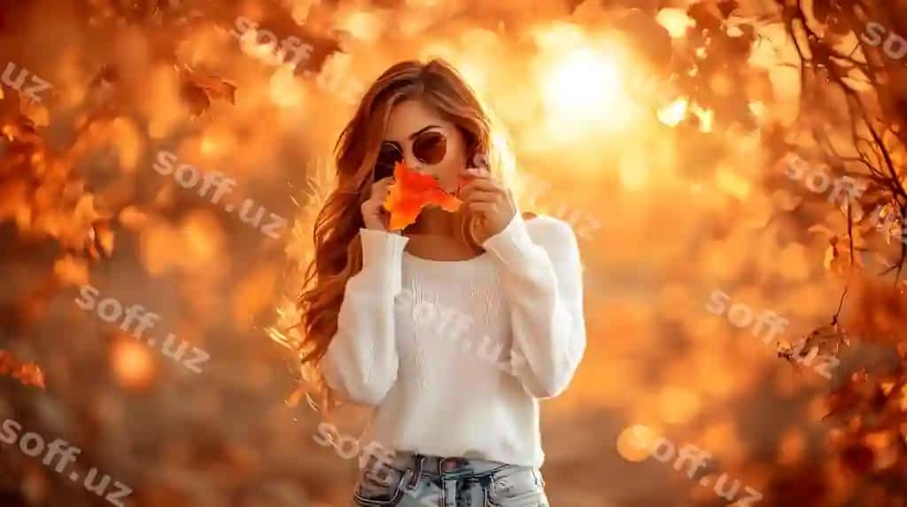 Mehmondo'st ayol oq ko'ylak kiygan, kuzgi barglar atrofida. | Cozy woman white sweater surrounded by autumn leaves