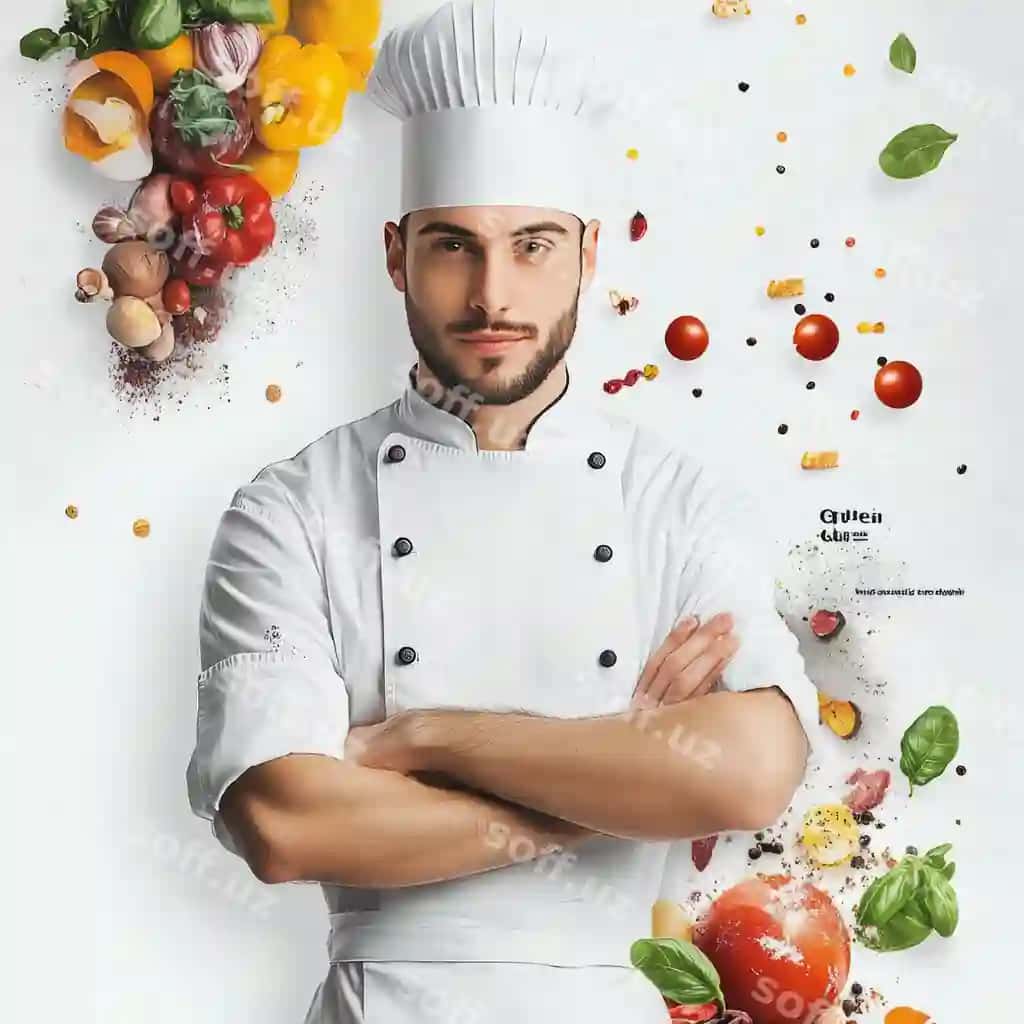 O'z isiga ishonchli oshpaz qo'llari bir-birini g'oysa olingan holda yangi tarkiribli mahsulotlar atrofida | Confident chef with arms crossed surrounded by fresh ingredients