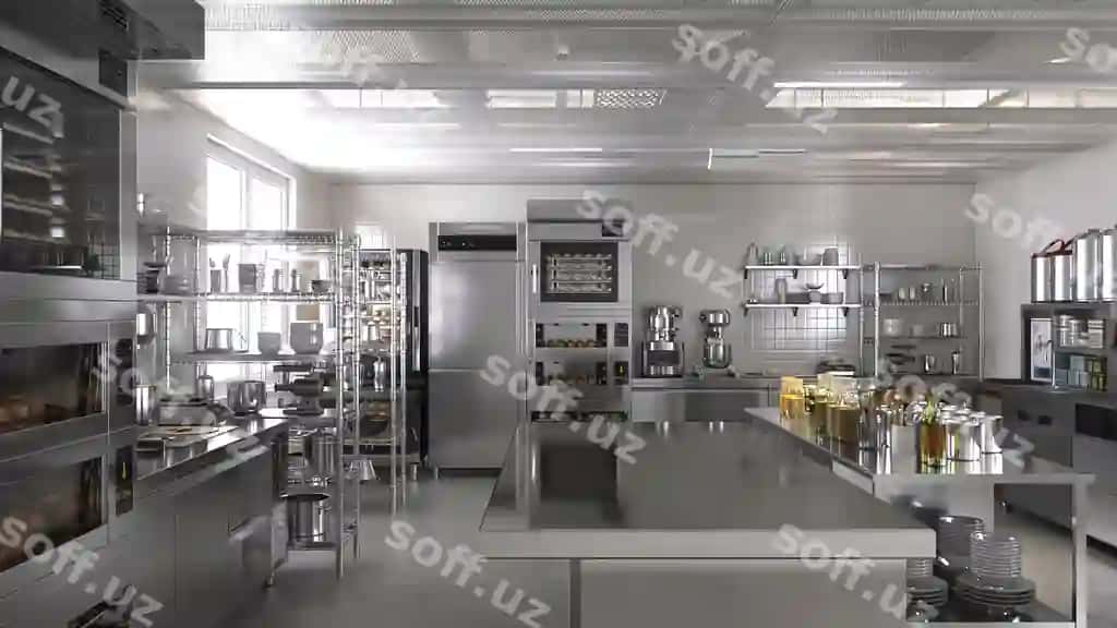 Bo'sh toza stainless steel adem galaktikasi kommercheskiy kasalangan oshxona bilan konvektsiya deck choyniqa, muzlatgich, holver, polka, kabinet jihozlari foni 3d | Empty clean stainless steel island table commercial professional bakery kitchen with convection deck oven freezer refrigerator shelf cabinet equipment background 3d