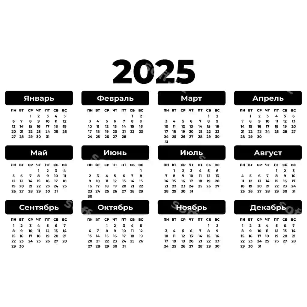 Ruscha gofizontal kalendary 2025 yil katta qalin shrift ajraltirilgan vektor | Russian horizontal calendar 2025 year large bold font isolated vector