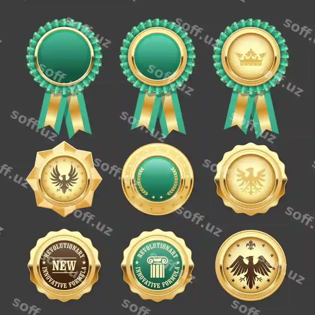 Yashil mukofot rosettalari o'ttiz medal sovg'a nishonlari | Green award rosettes gold medals prize insignia