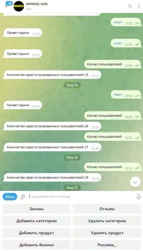 Fast food uchun Telegram bot aiogram