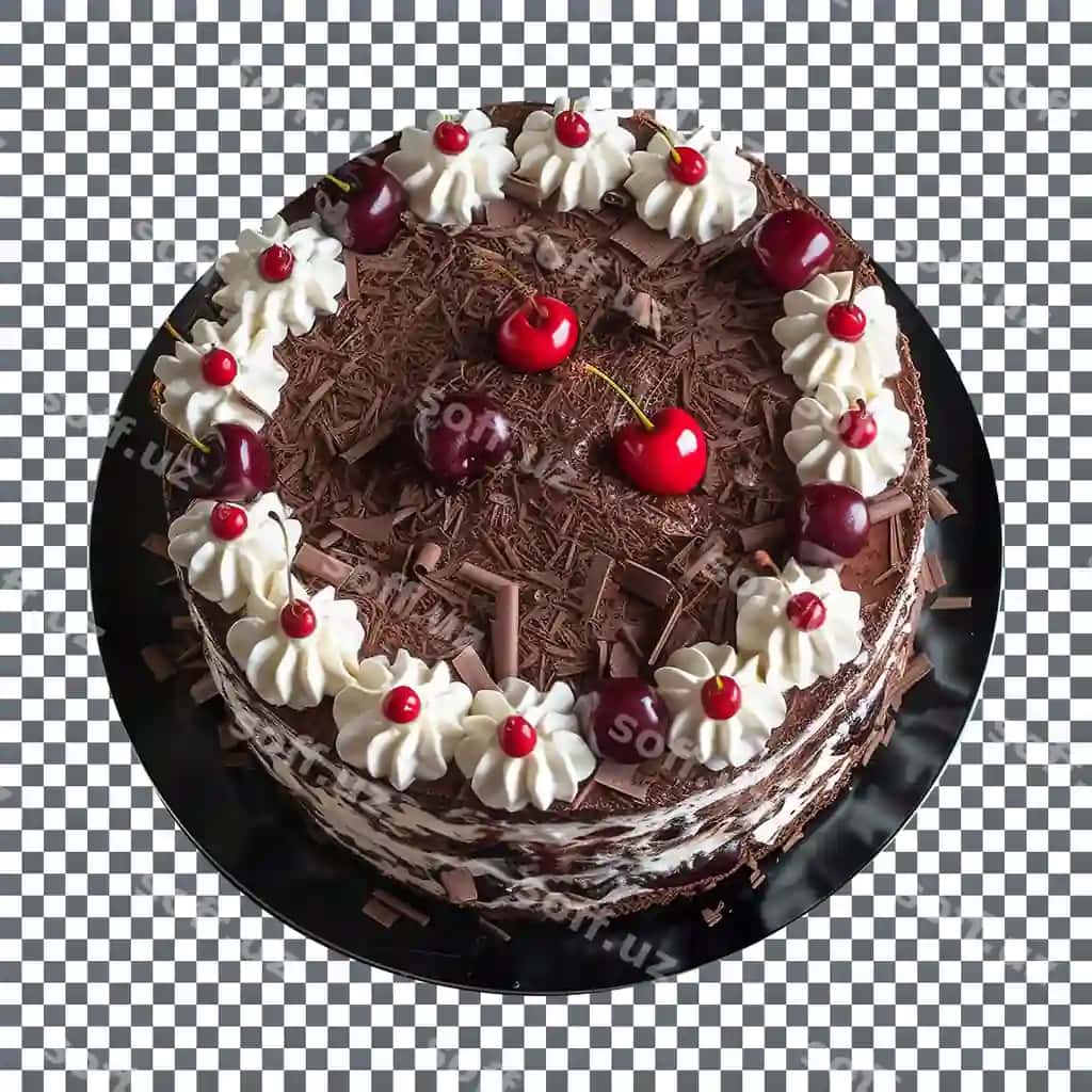Mazali qora o'rmon torti qizil gilas bilan bezatilgan ajraltirilgan | Delicious black forest cake decorated with red cherries isolated